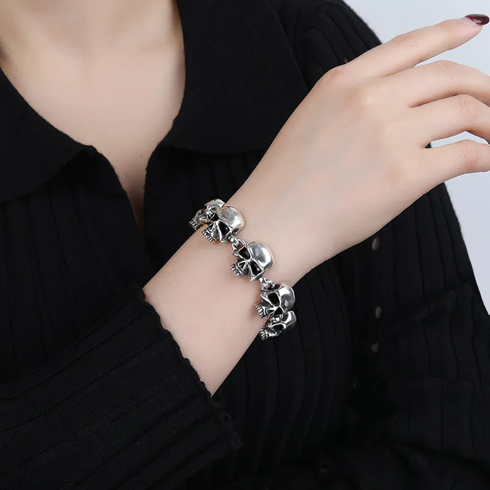 Real Solid 925 Sterling Silver Bracelet Skulls Gothic Punk Jewelry OT Buckle 6.3"-9.4"