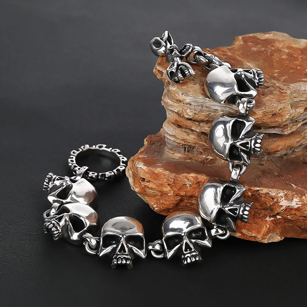 Real Solid 925 Sterling Silver Bracelet Skulls Gothic Punk Jewelry OT Buckle 6.3"-9.4"
