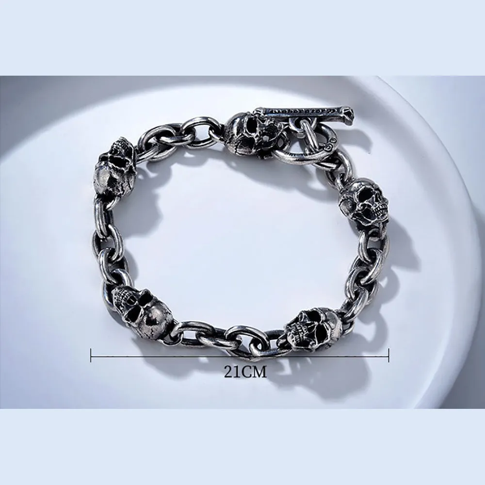 Real Solid 925 Sterling Silver Bracelet Skulls Hip Hop Gothic Punk Jewelry OT Buckle 6.3"-8.7"