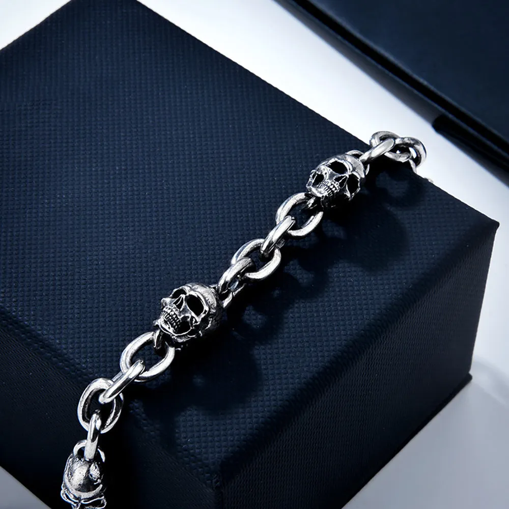 Real Solid 925 Sterling Silver Bracelet Skulls Hip Hop Gothic Punk Jewelry OT Buckle 6.3"-8.7"