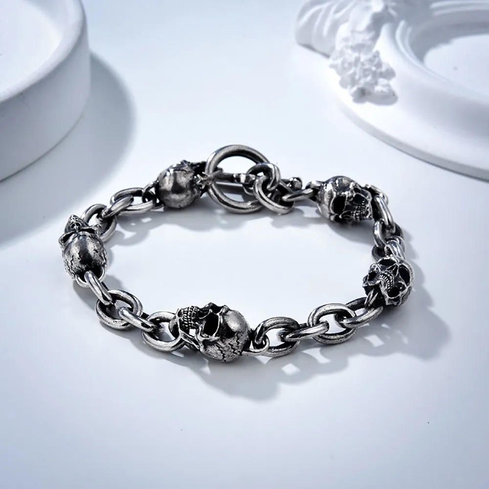 Real Solid 925 Sterling Silver Bracelet Skulls Hip Hop Gothic Punk Jewelry OT Buckle 6.3"-8.7"