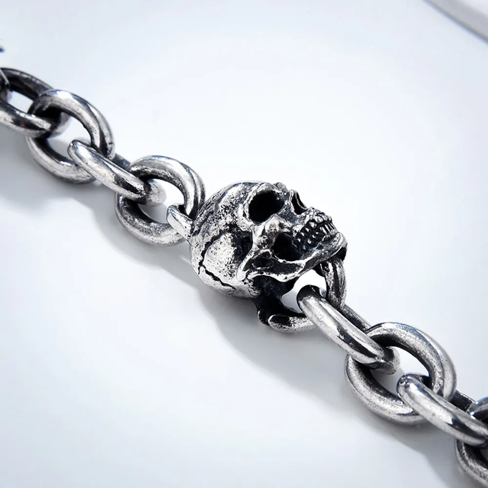 Real Solid 925 Sterling Silver Bracelet Skulls Hip Hop Gothic Punk Jewelry OT Buckle 6.3"-8.7"