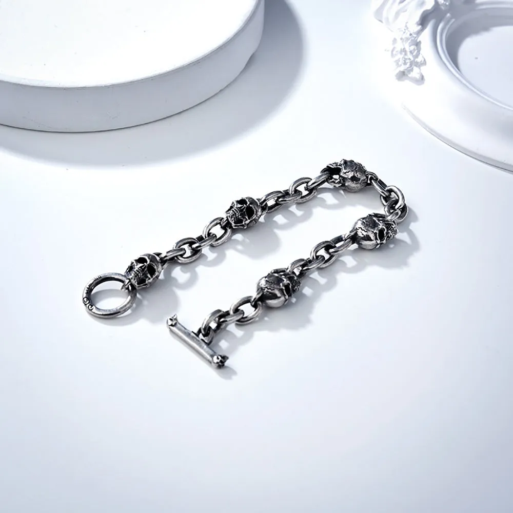Real Solid 925 Sterling Silver Bracelet Skulls Hip Hop Gothic Punk Jewelry OT Buckle 6.3"-8.7"