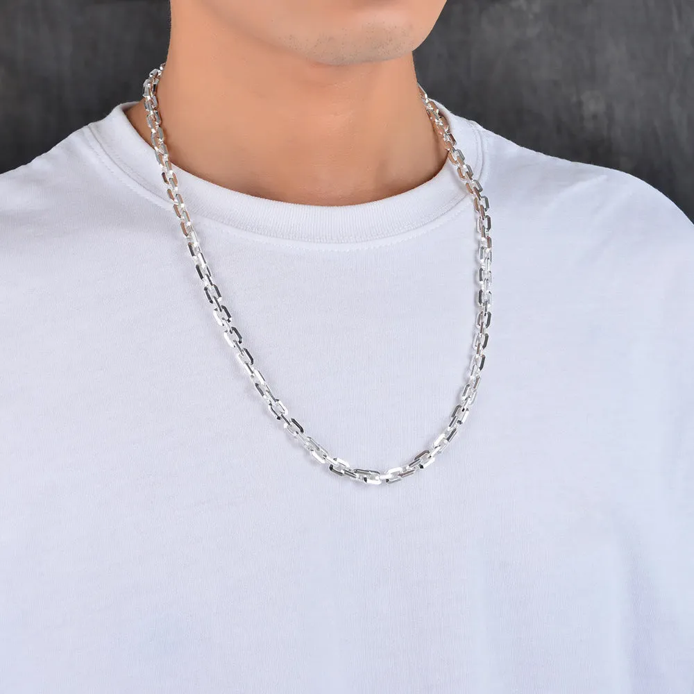Real Solid 925 Sterling Silver Necklace Jewelry Rectangle Chain HipHop Lobster-Buckle 24"
