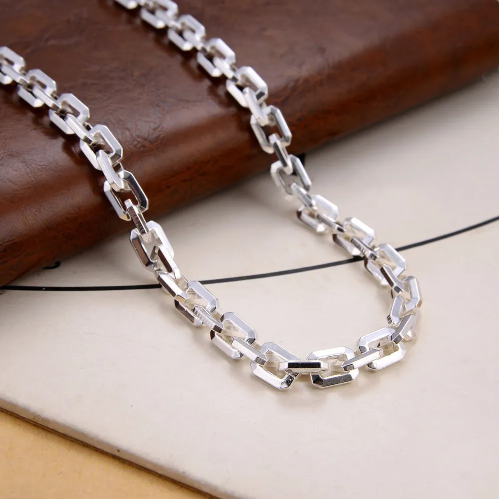 Real Solid 925 Sterling Silver Necklace Jewelry Rectangle Chain HipHop Lobster-Buckle 24"