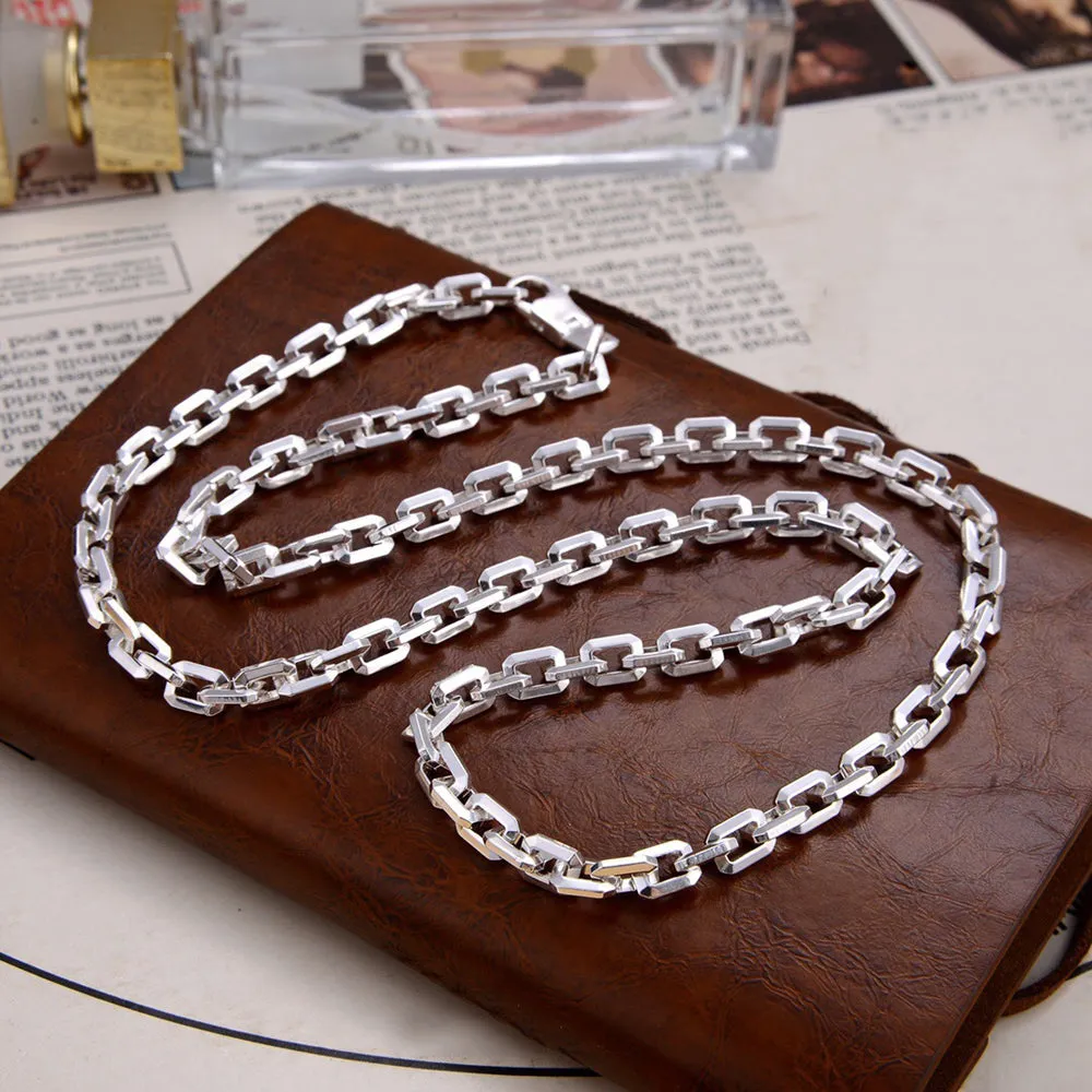 Real Solid 925 Sterling Silver Necklace Jewelry Rectangle Chain HipHop Lobster-Buckle 24"