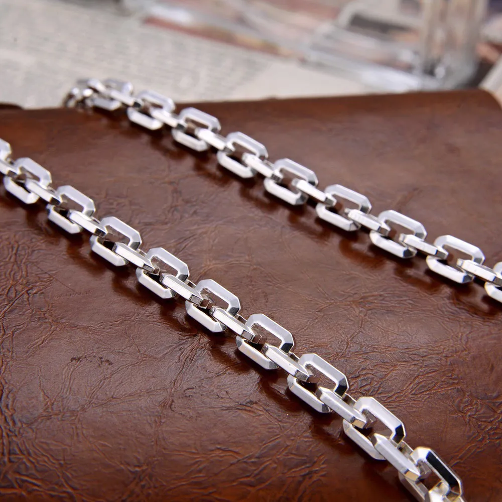 Real Solid 925 Sterling Silver Necklace Jewelry Rectangle Chain HipHop Lobster-Buckle 24"