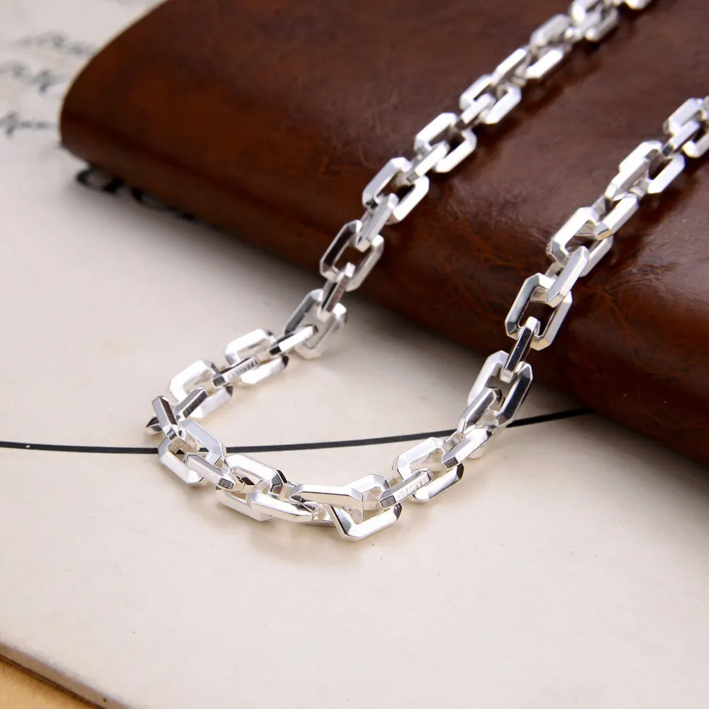 Real Solid 925 Sterling Silver Necklace Jewelry Rectangle Chain HipHop Lobster-Buckle 24"