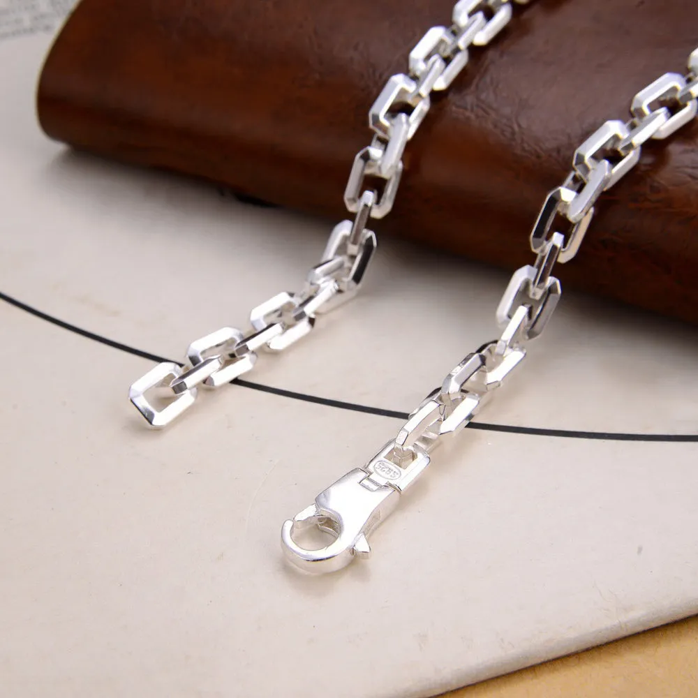 Real Solid 925 Sterling Silver Necklace Jewelry Rectangle Chain HipHop Lobster-Buckle 24"