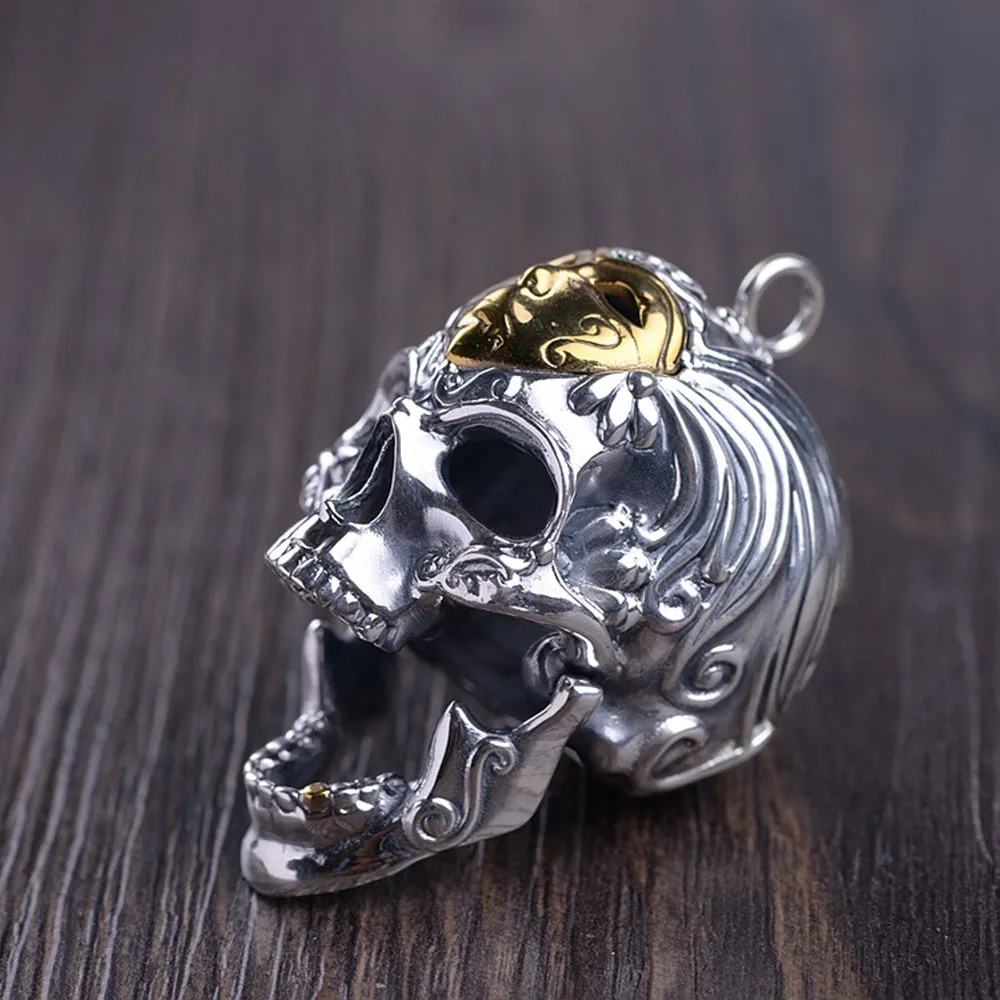 Real Solid 925 Sterling Silver Pendants Brass Mask Skull Men Hiphop Jewelry