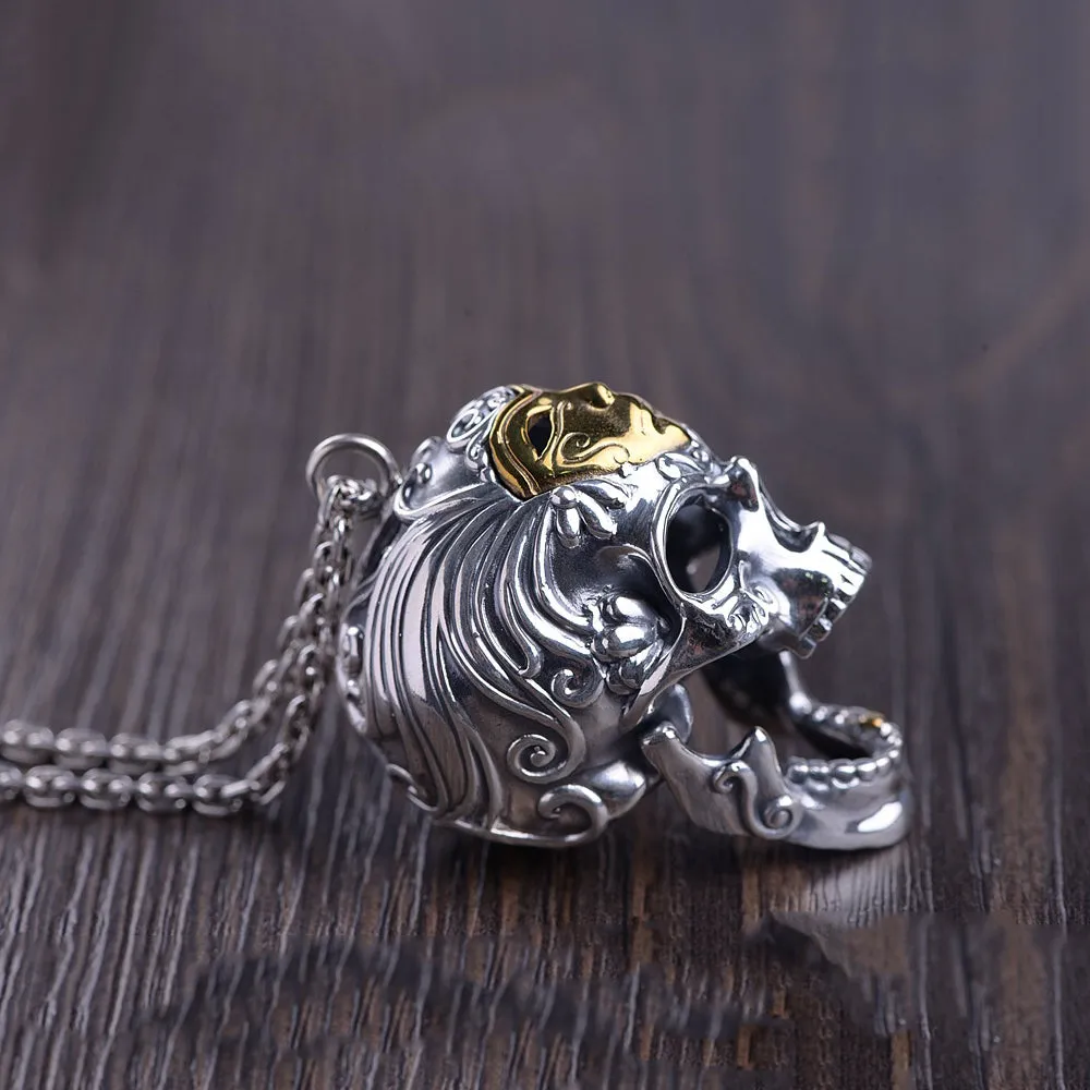 Real Solid 925 Sterling Silver Pendants Brass Mask Skull Men Hiphop Jewelry