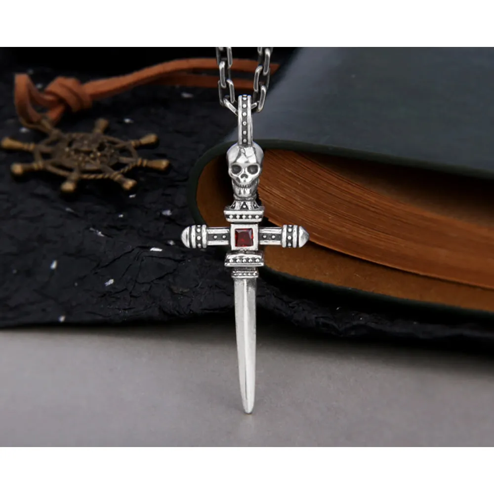Real Solid 925 Sterling Silver Pendants CZ Inlay Skull Sword Cross Gothic Punk Jewelry