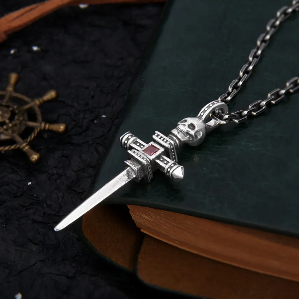 Real Solid 925 Sterling Silver Pendants CZ Inlay Skull Sword Cross Gothic Punk Jewelry