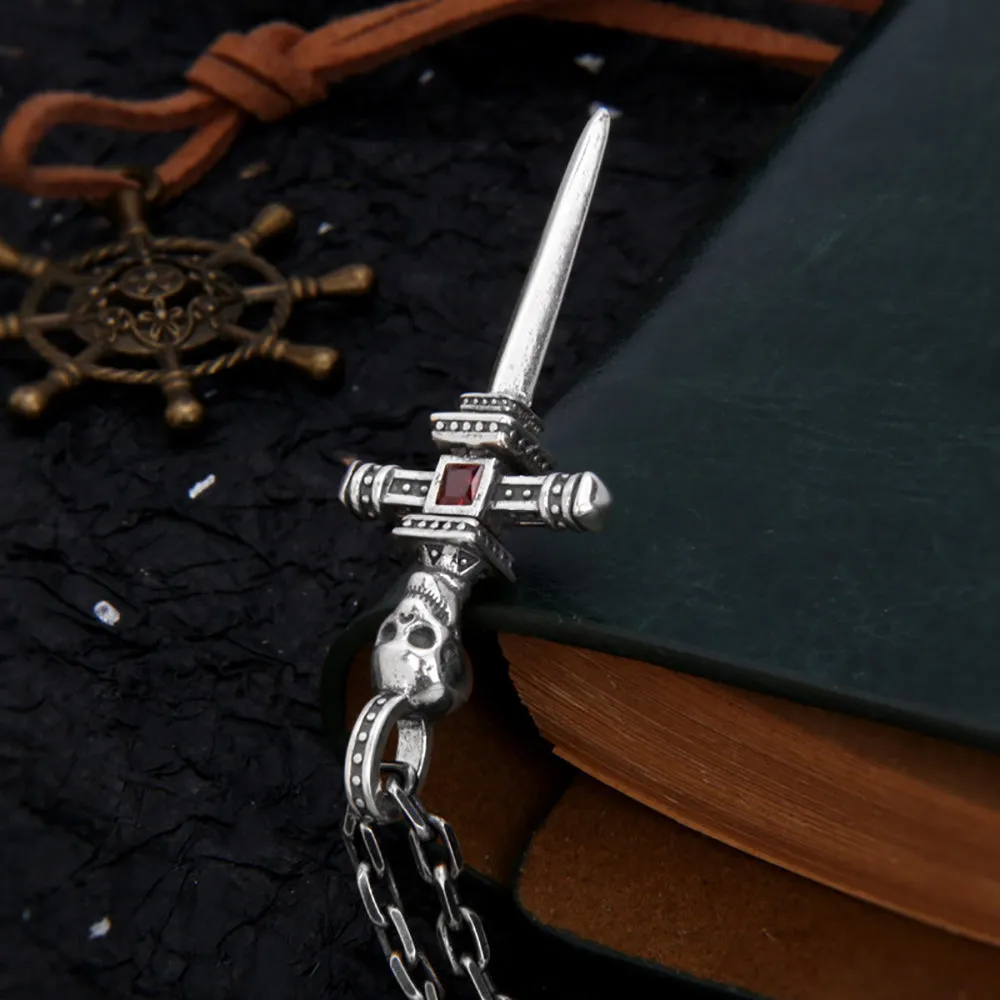 Real Solid 925 Sterling Silver Pendants CZ Inlay Skull Sword Cross Gothic Punk Jewelry