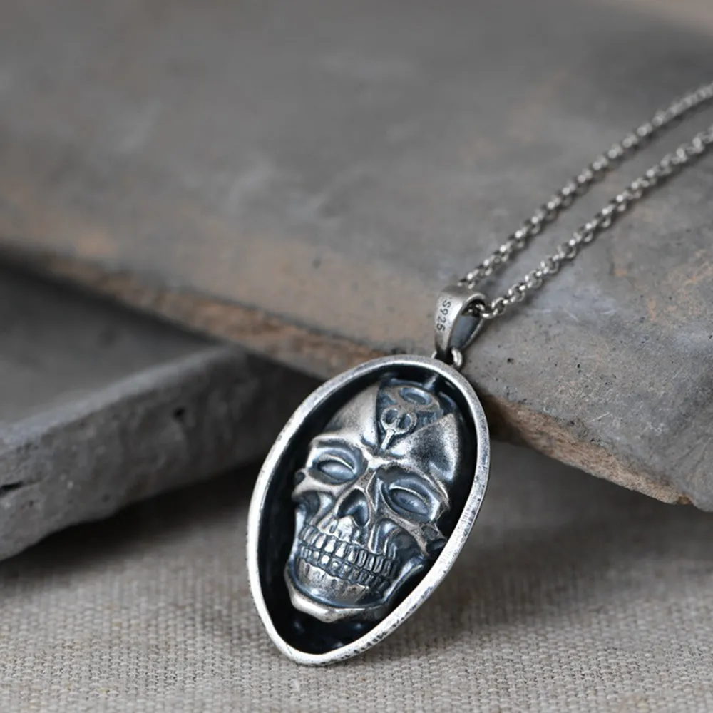 Real Solid 925 Sterling Silver Pendants Mask Skull Rotation Men HipHop Jewelry