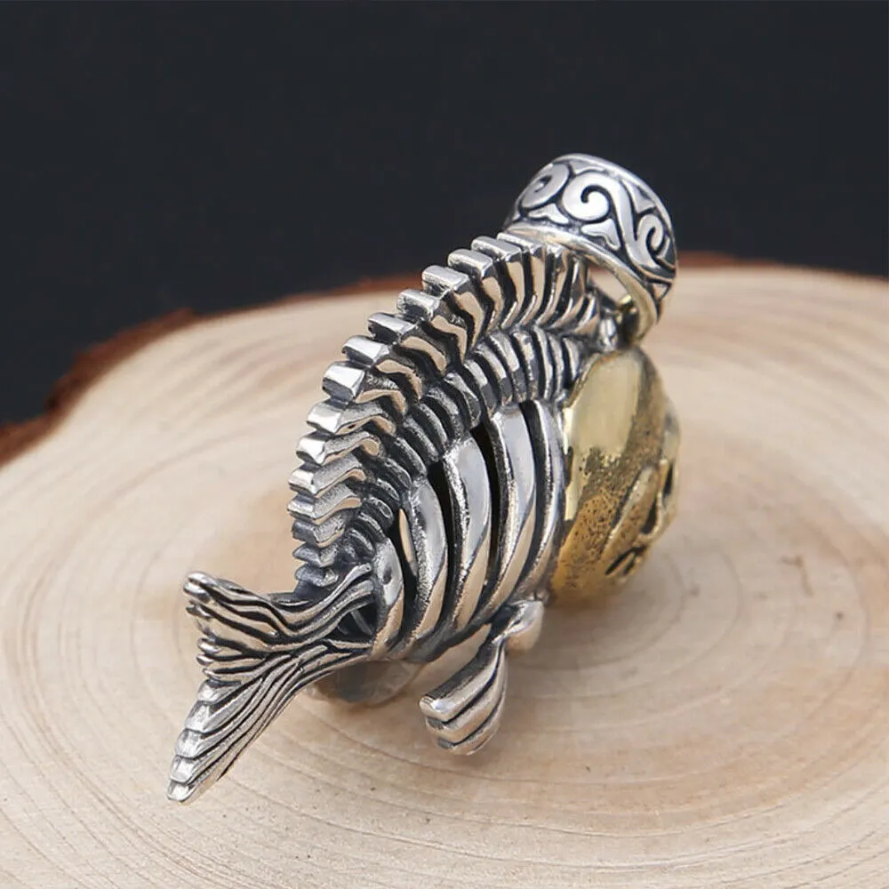 Real Solid 925 Sterling Silver Pendants Piranha Skull Hollow Animals Fish Fashion Jewelry