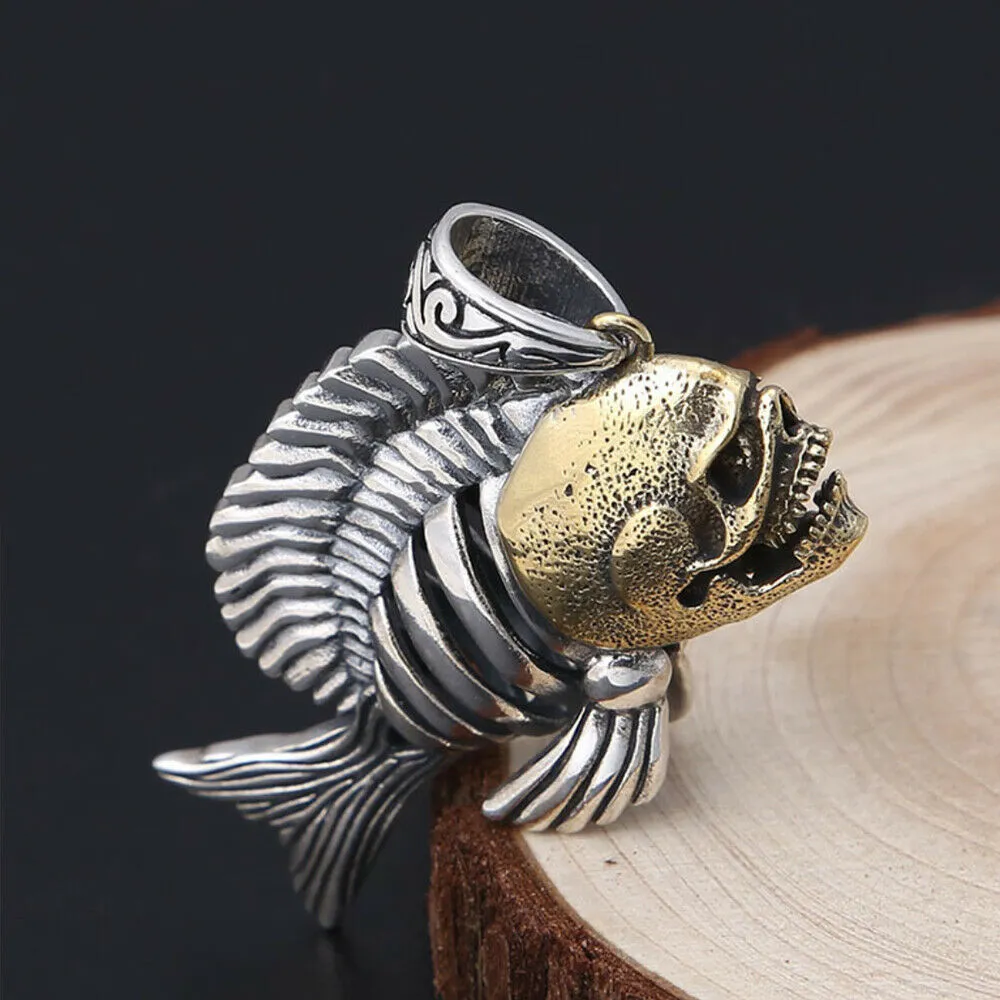 Real Solid 925 Sterling Silver Pendants Piranha Skull Hollow Animals Fish Fashion Jewelry