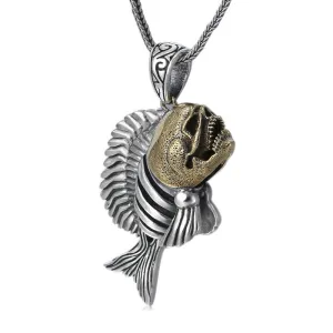 Real Solid 925 Sterling Silver Pendants Piranha Skull Hollow Animals Fish Fashion Jewelry