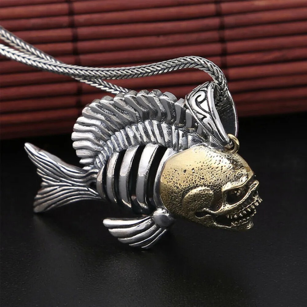 Real Solid 925 Sterling Silver Pendants Piranha Skull Hollow Animals Fish Fashion Jewelry