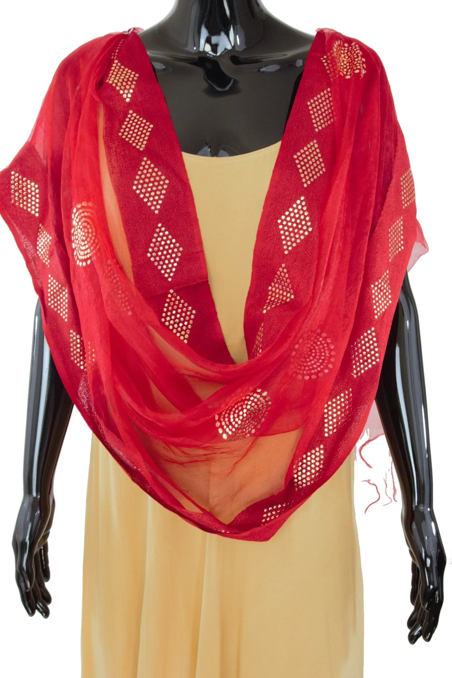 Red Color Dupatta With Golden Dots Pattern