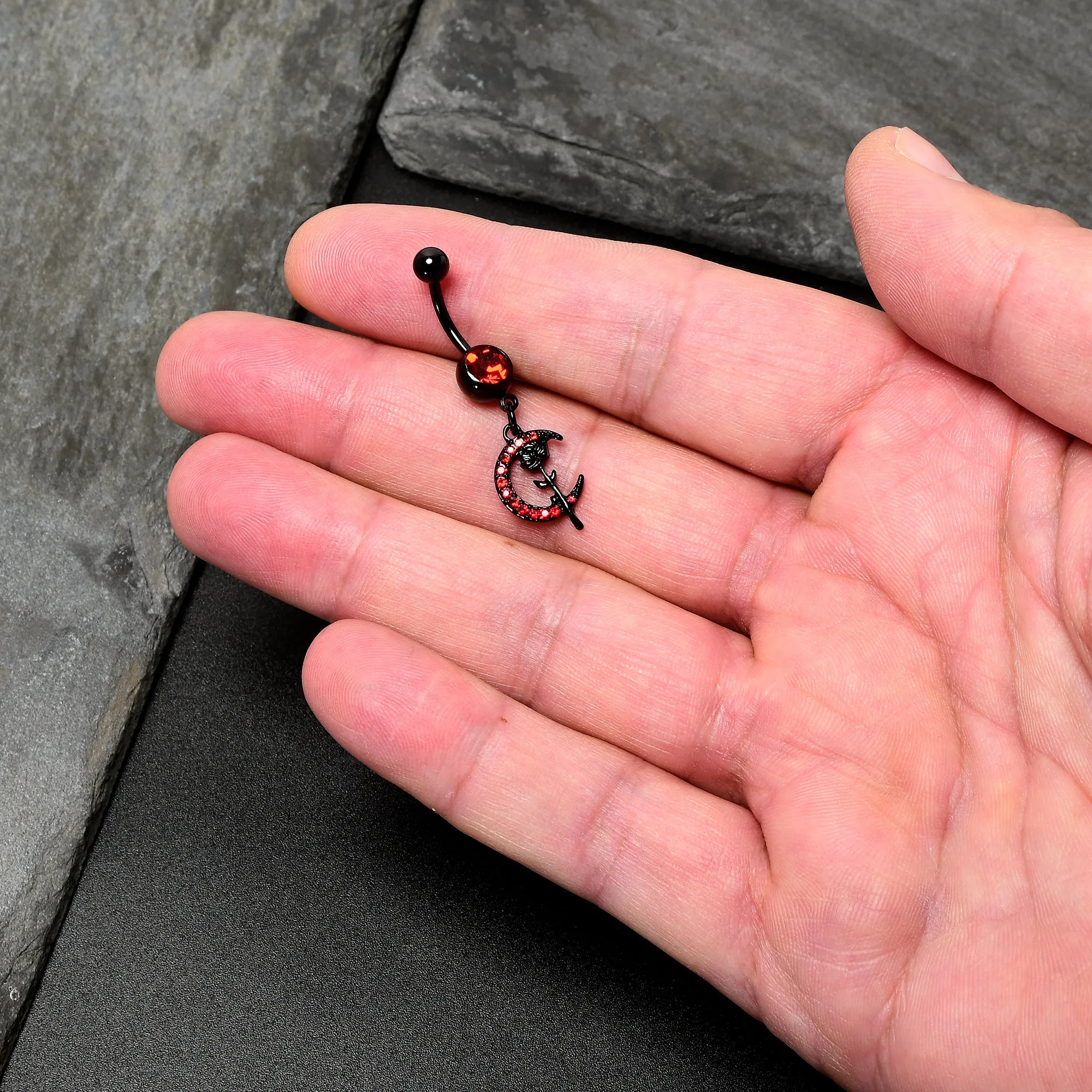 Red CZ Gem Black Moon Rose Flower Gothic Dangle Belly Ring