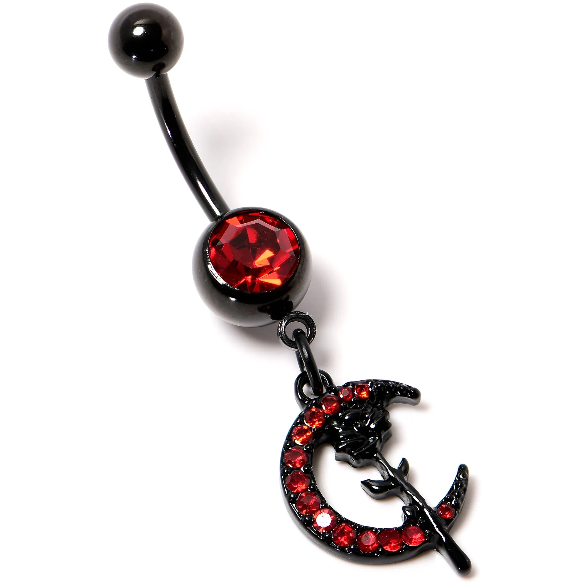 Red CZ Gem Black Moon Rose Flower Gothic Dangle Belly Ring