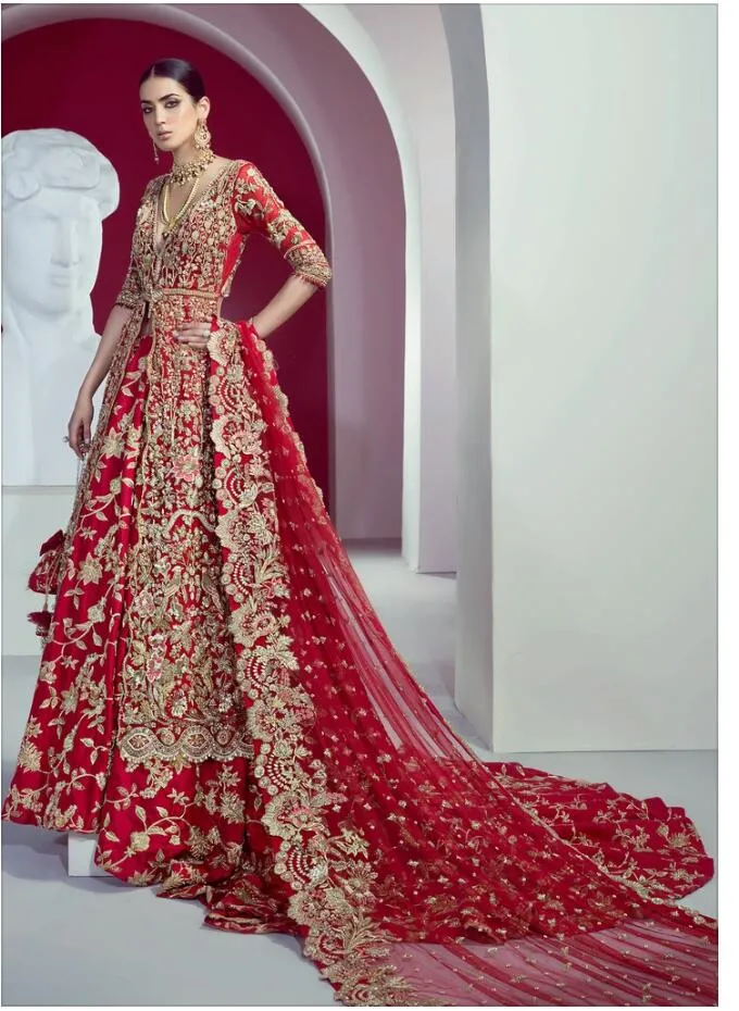 Red Open Shirt Lehnga with Embroidery #N7007