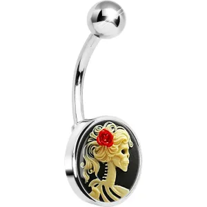 Red Rose Flower Skeleton Cameo Belly Ring