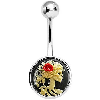 Red Rose Flower Skeleton Cameo Belly Ring