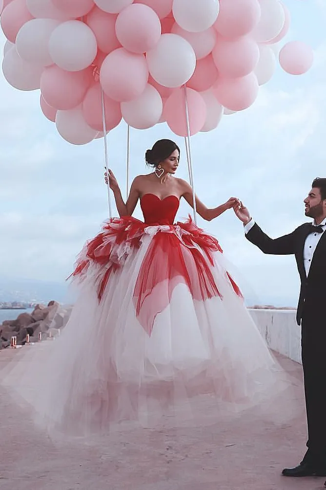Red&Ivory Tulle Ball Gown Wedding Dresses Backless vestido de noiva