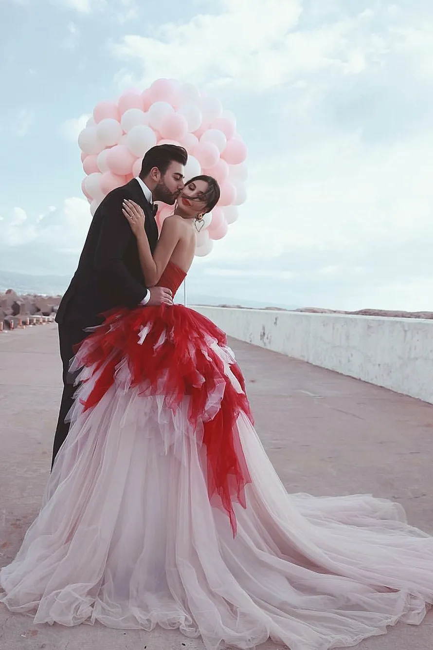 Red&Ivory Tulle Ball Gown Wedding Dresses Backless vestido de noiva