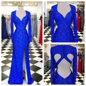 Royal Blue Elegant Long Sleeve Lace Side Slit Beaded Prom Dresses, BG0278