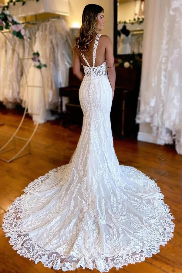 Roycebridal Gorgeous Mermaid Backless V-neck Lace Appliques Wedding Dresses, MW1018