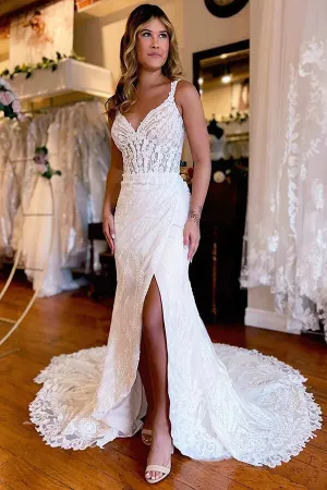 Roycebridal Gorgeous Mermaid Backless V-neck Lace Appliques Wedding Dresses, MW1018