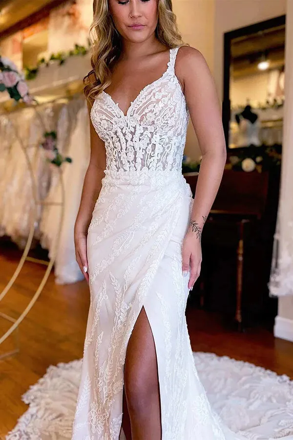 Roycebridal Gorgeous Mermaid Backless V-neck Lace Appliques Wedding Dresses, MW1018