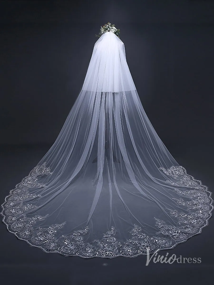 Roycebridal Lace Appliqued Cathedral Veil with Blusher Viniodress TS170103
