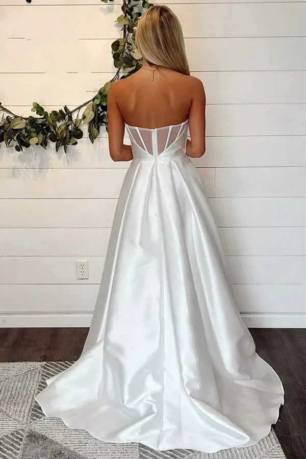 Roycebridal Satin A-line Strapless Simple Wedding Dresses With Slit, Bridal Gown, MW1022