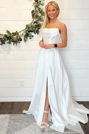 Roycebridal Satin A-line Strapless Simple Wedding Dresses With Slit, Bridal Gown, MW1022