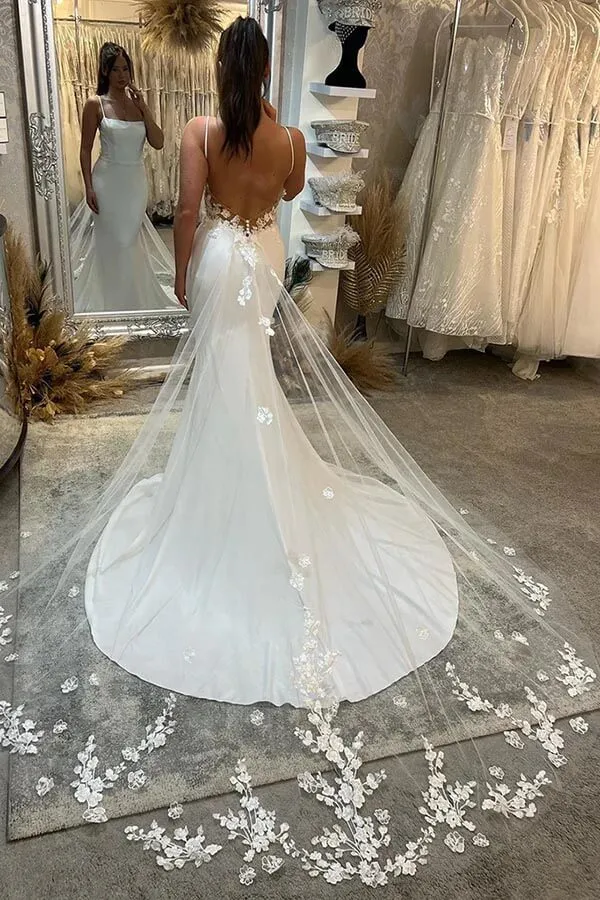 Roycebridal Satin Mermaid Spaghetti Straps Court Train Wedding Dresses, Bridal Gown, MW903