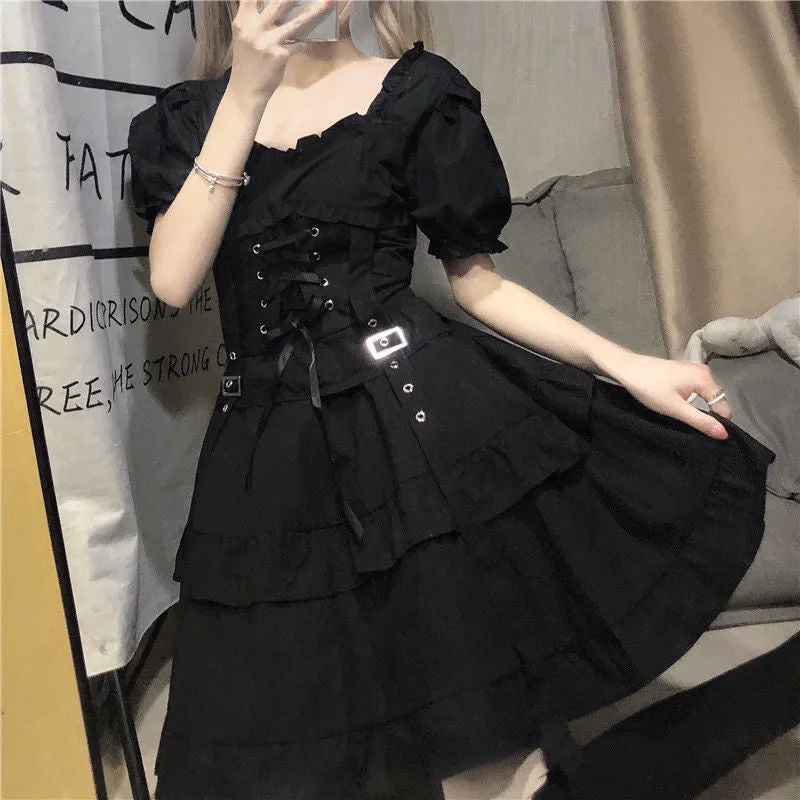 Ruffle Ribbon Corset Black Dress