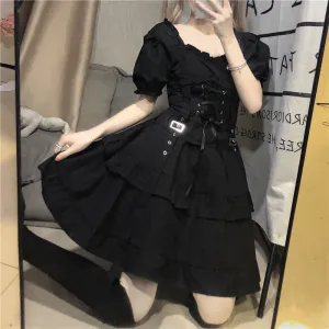 Ruffle Ribbon Corset Black Dress