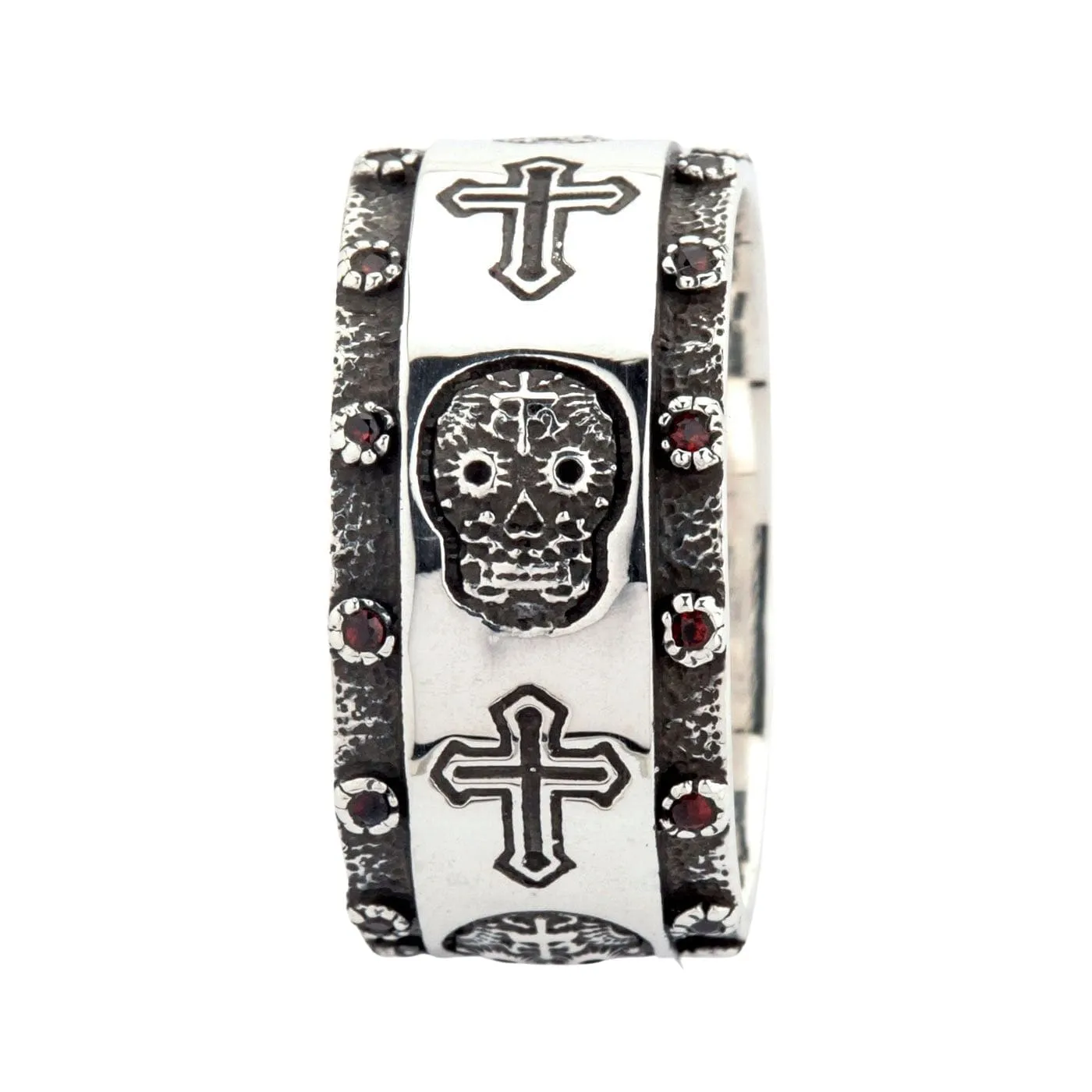Santa Muerte Skull Cross Sterling Silver Ring