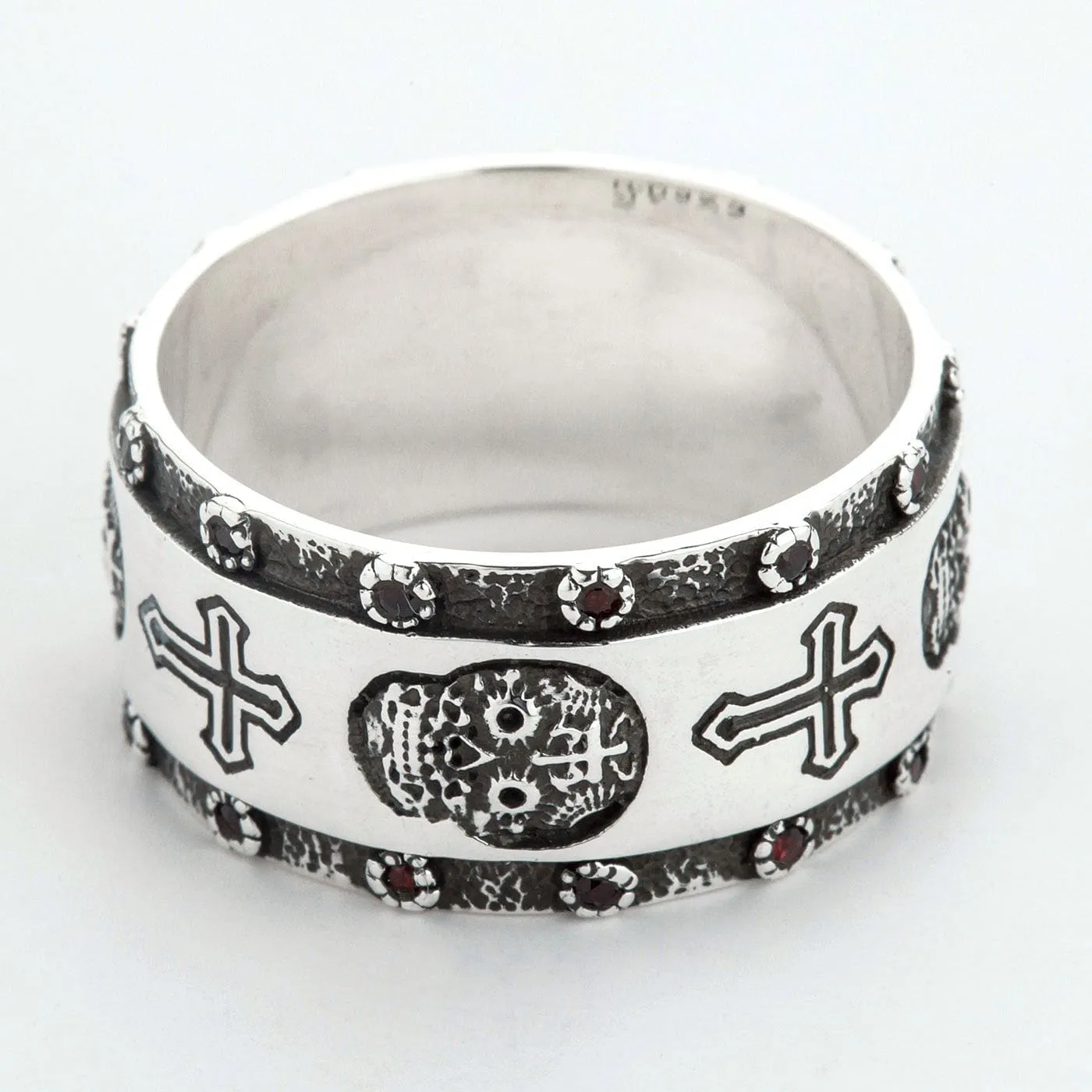 Santa Muerte Skull Cross Sterling Silver Ring