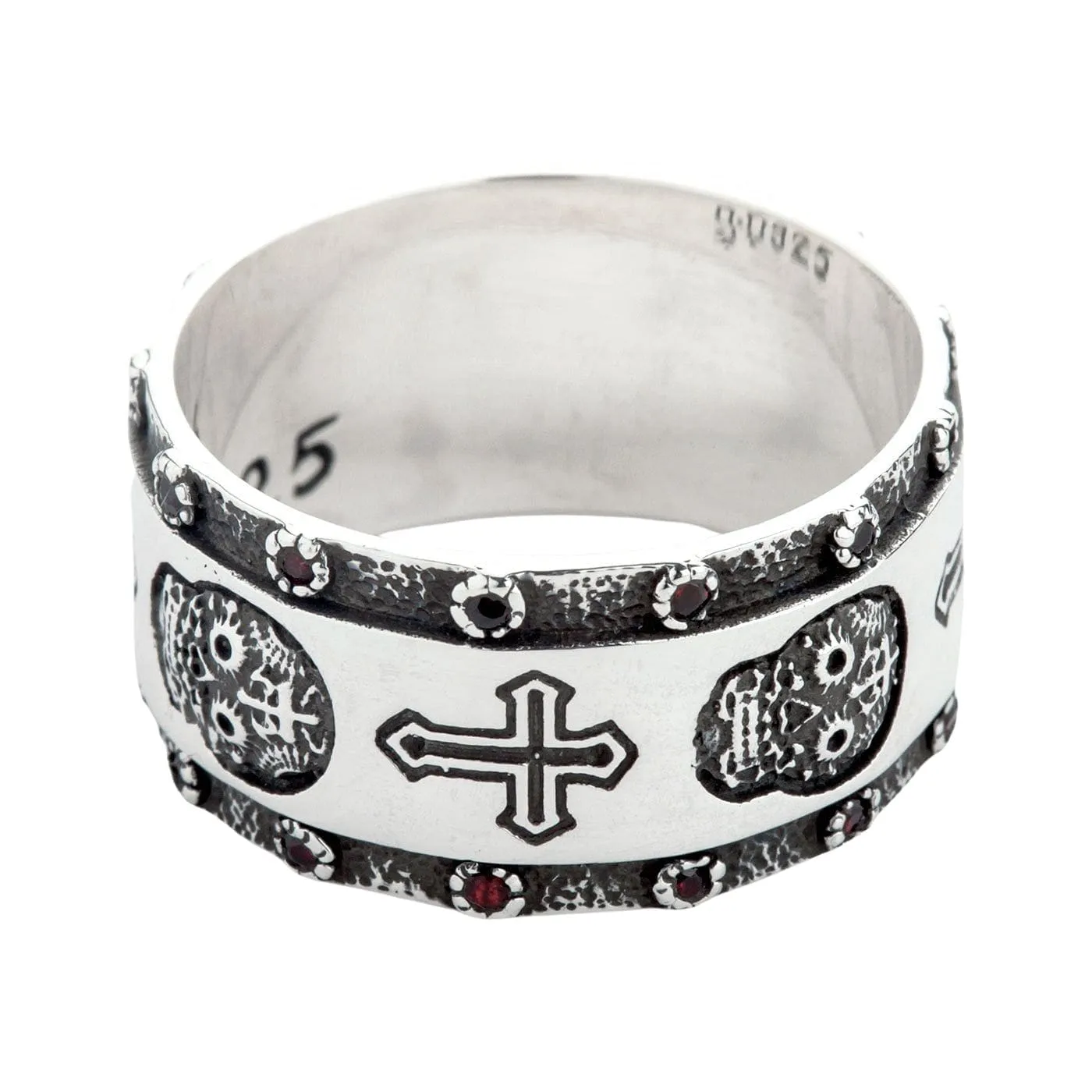 Santa Muerte Skull Cross Sterling Silver Ring