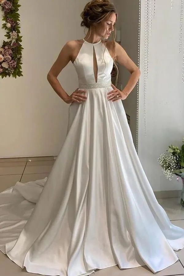 Satin A-line Halter Backless Wedding Dress, Bridal Gown With Beaded Belt, MW713