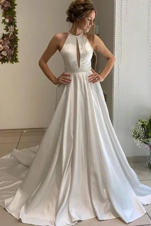 Satin A-line Halter Backless Wedding Dress, Bridal Gown With Beaded Belt, MW713