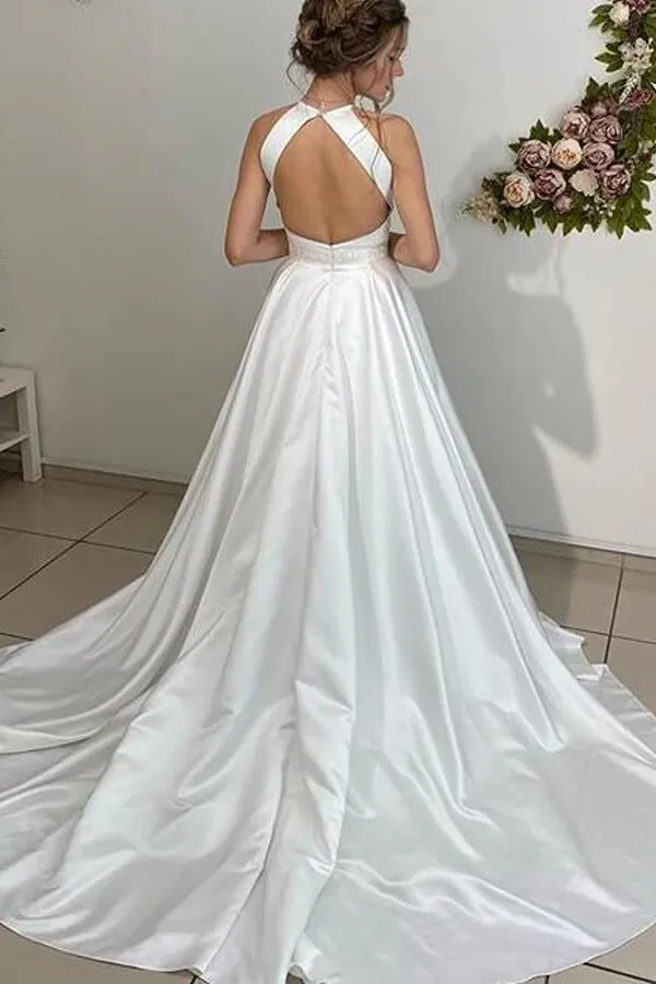 Satin A-line Halter Backless Wedding Dress, Bridal Gown With Beaded Belt, MW713