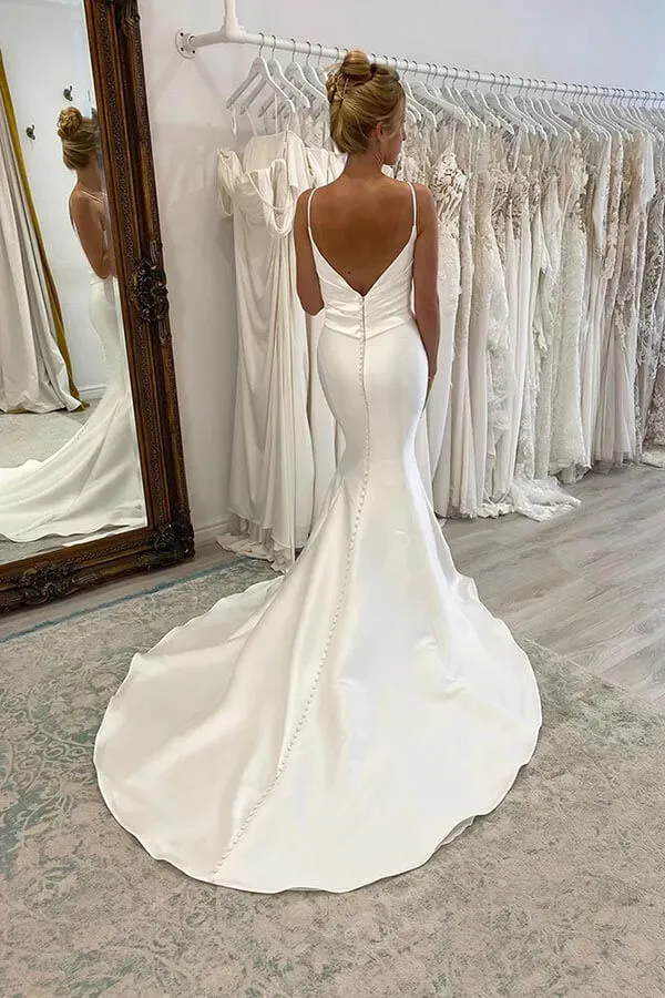 Satin Mermaid Spaghetti Straps Pleated Wedding Dresses, Bridal Gown, MW896