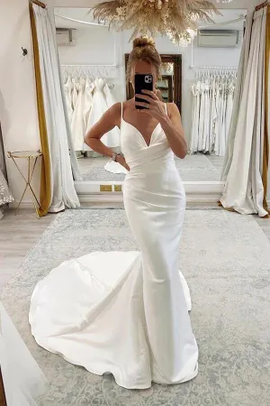 Satin Mermaid Spaghetti Straps Pleated Wedding Dresses, Bridal Gown, MW896