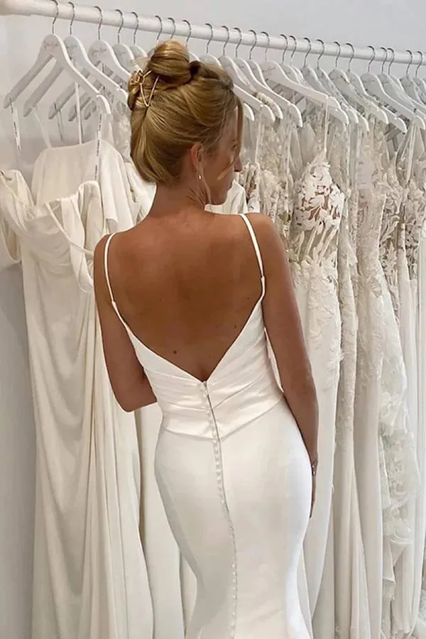 Satin Mermaid Spaghetti Straps Pleated Wedding Dresses, Bridal Gown, MW896